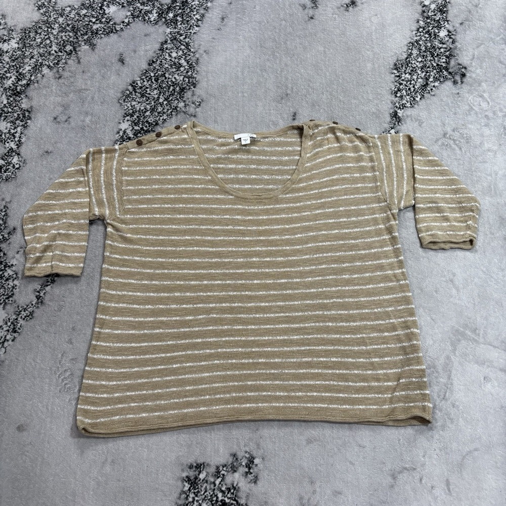 J Jill Sweater Size Small Tan White Striped Linen Blend Button Shoulder Pullover
